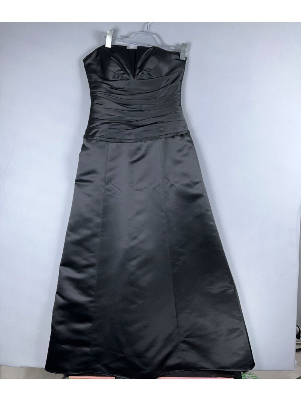 Bill Levkoff Prom Dress Size 10 Black Satin Strapless Floor Length Gown Ruched